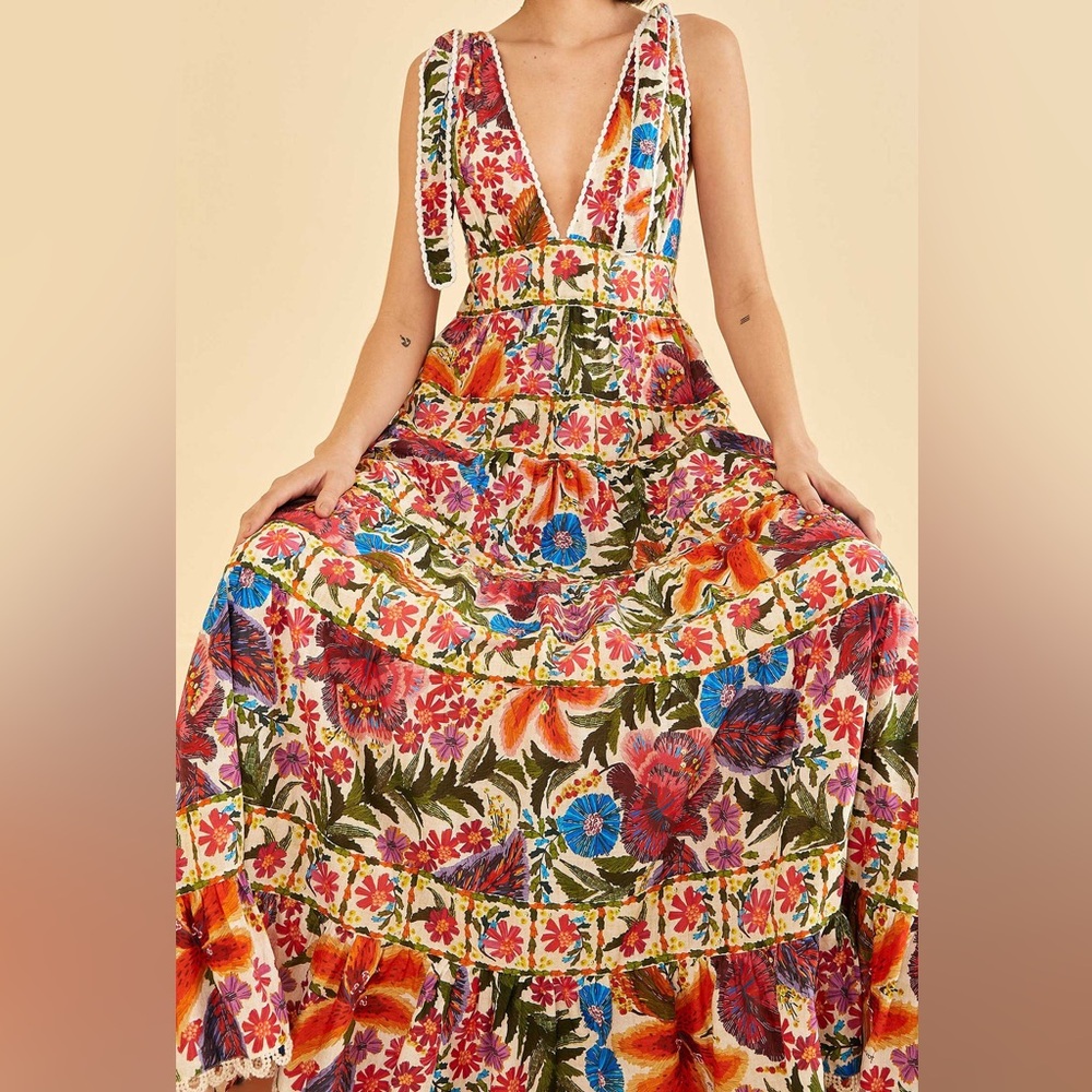 Farm Rio off-white tropical yard sleeveless maxi dress